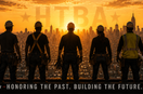 Why We Built Hands That Build America -5 tradesmen stand on the steel framework of a building looking to the sunrise coming up over the skyline of a city.