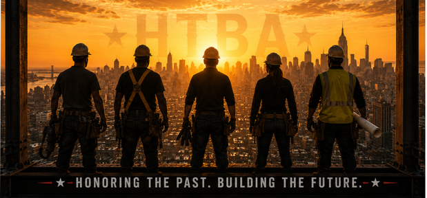 Why We Built Hands That Build America -5 tradesmen stand on the steel framework of a building looking to the sunrise coming up over the skyline of a city.