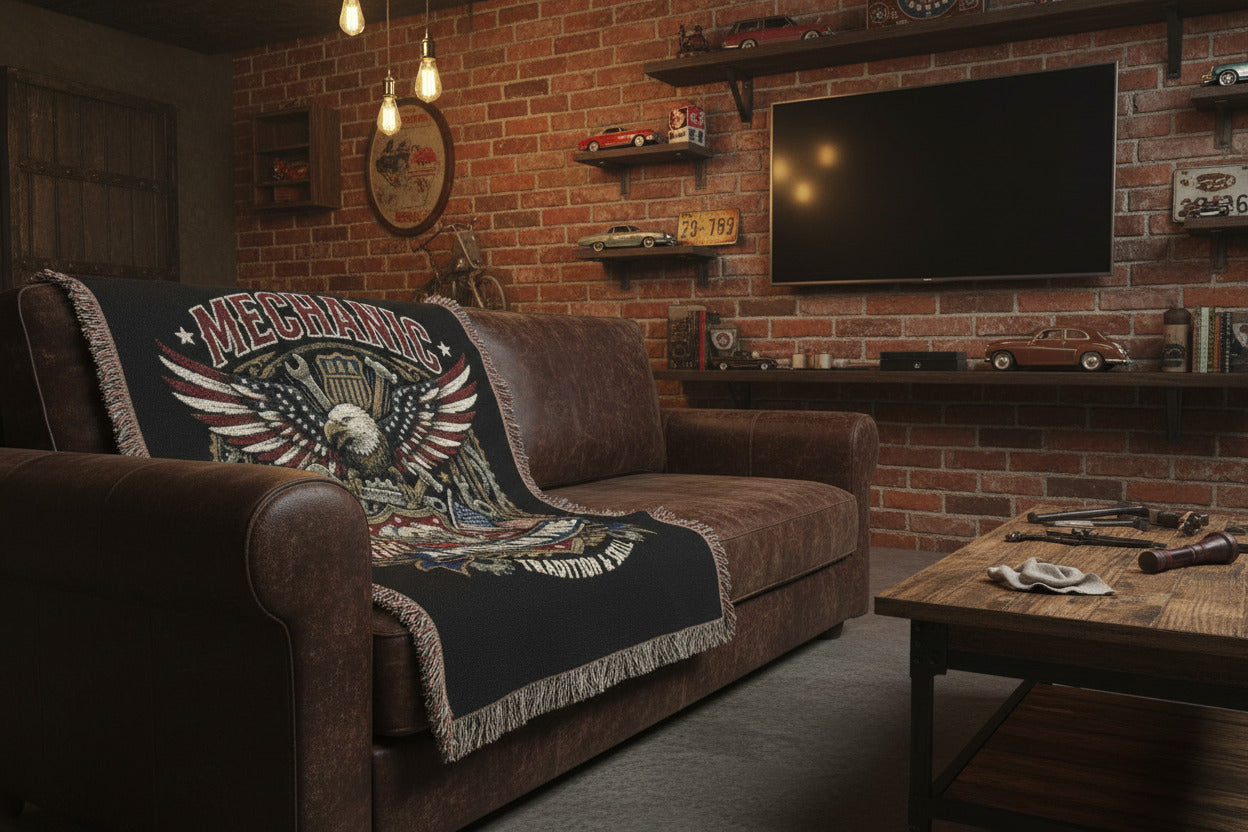 Shop skilled trades blankets and throws for your home or man cave. Cozy gifts celebrating America's craftsmen and the hands that build America.