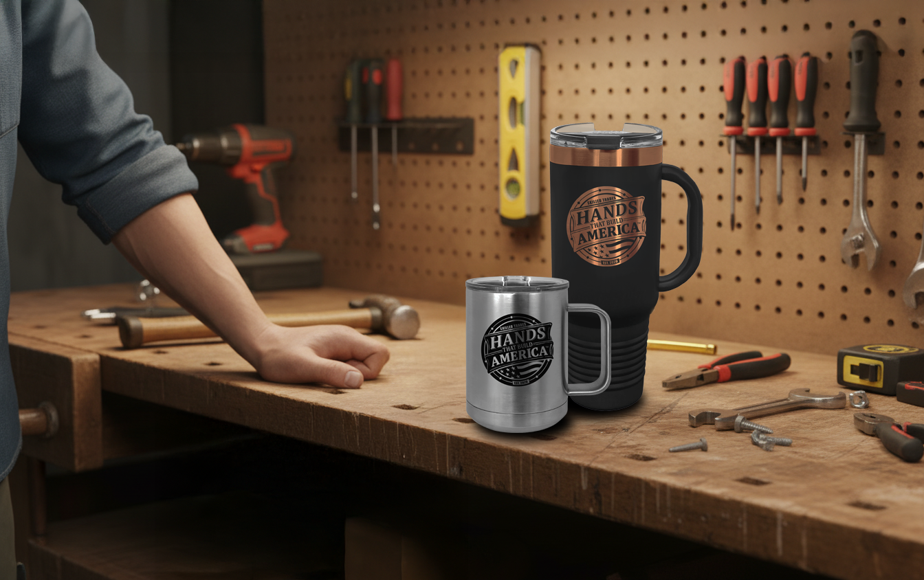 HTBA - Leather style stainless steel  travel mug with professional contactors in the background