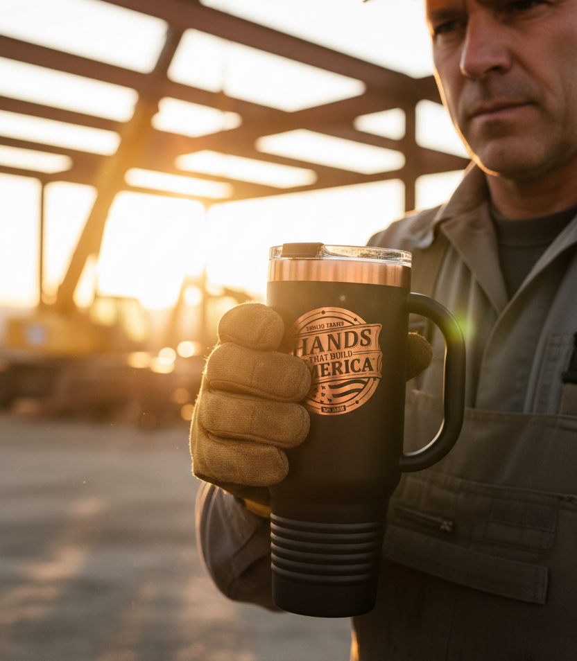 Black travel mug with Hands That Build America bronze logo and text on a white background