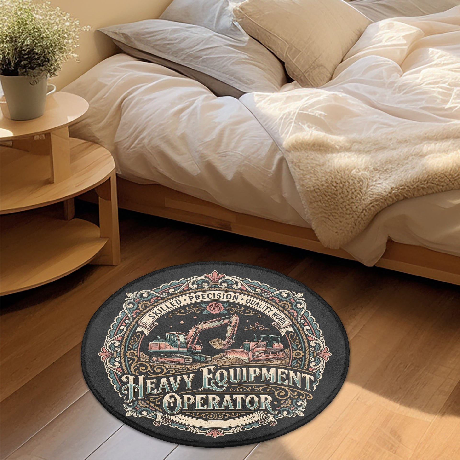 A round area rug with a vintage-style 'Heavy Equipment Operator' graphic is placed on a wooden floor in front of a bed in a bedroom setting.