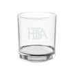 Clear 10.5 oz Whiskey Glass with the 'Hands That Build America' Logo engraved on one side (a white background)