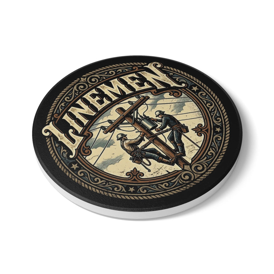Linemen Ceramic Coaster — Vintage Utility Worker Tribute - DCA0232