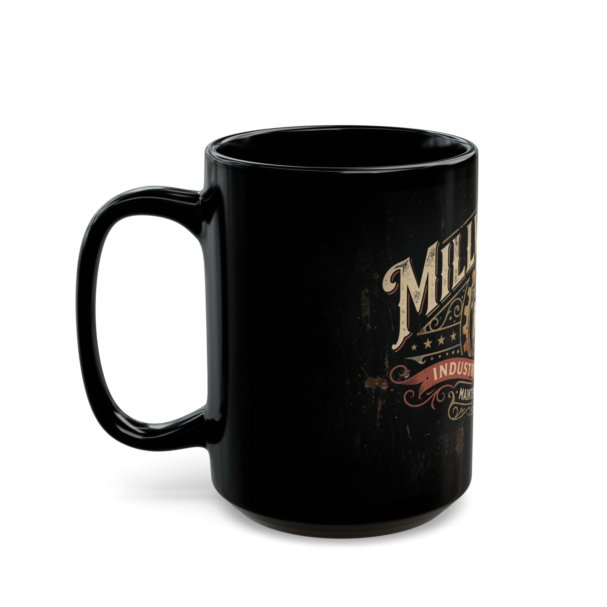 Millwright Industrial Logo Black Coffee Mug – Maintenance & Repair Tool Emblem (11oz/15oz) - DCA0280