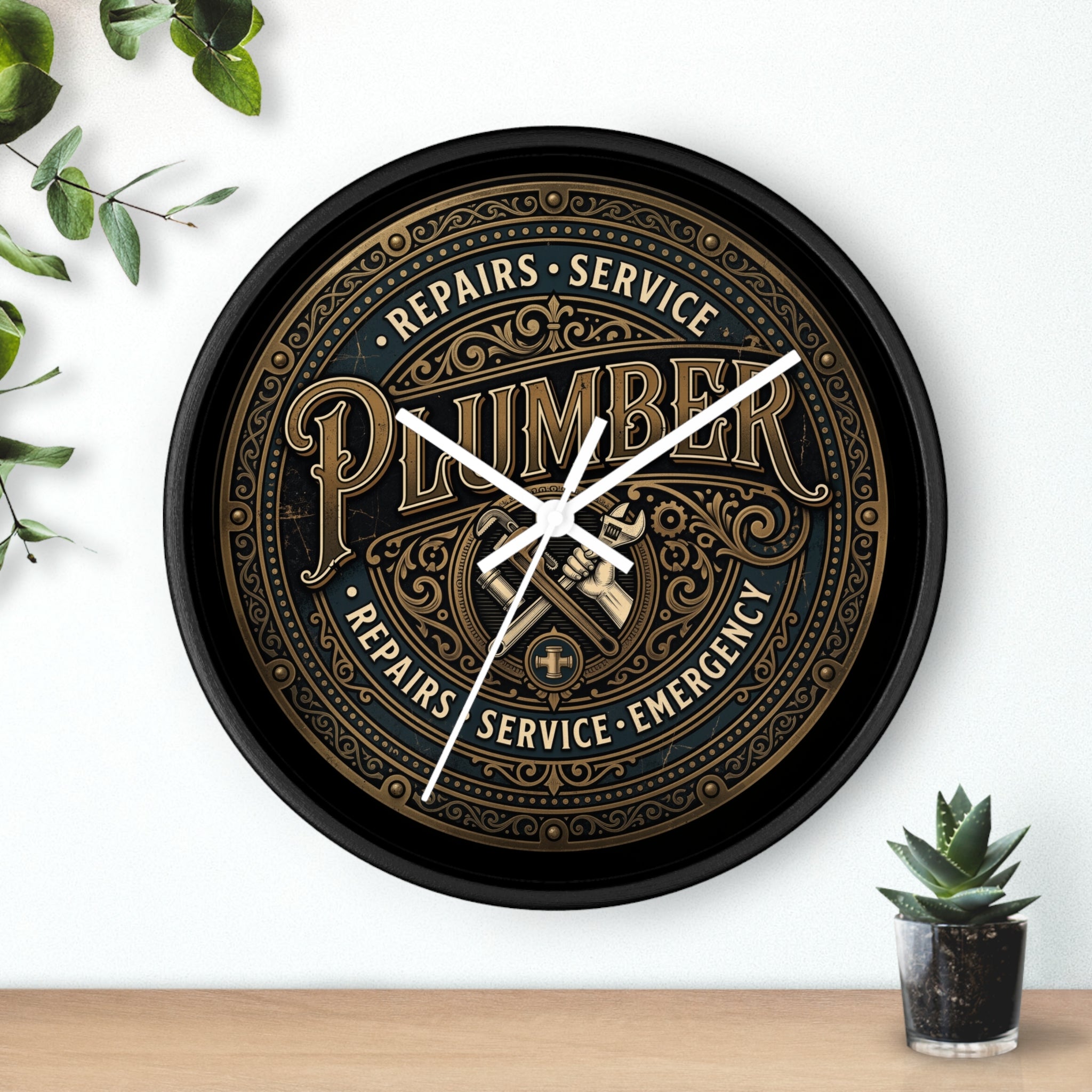 Plumber Vintage Emblem Wall Clock — Repairs • Service • Emergency - DCA0398