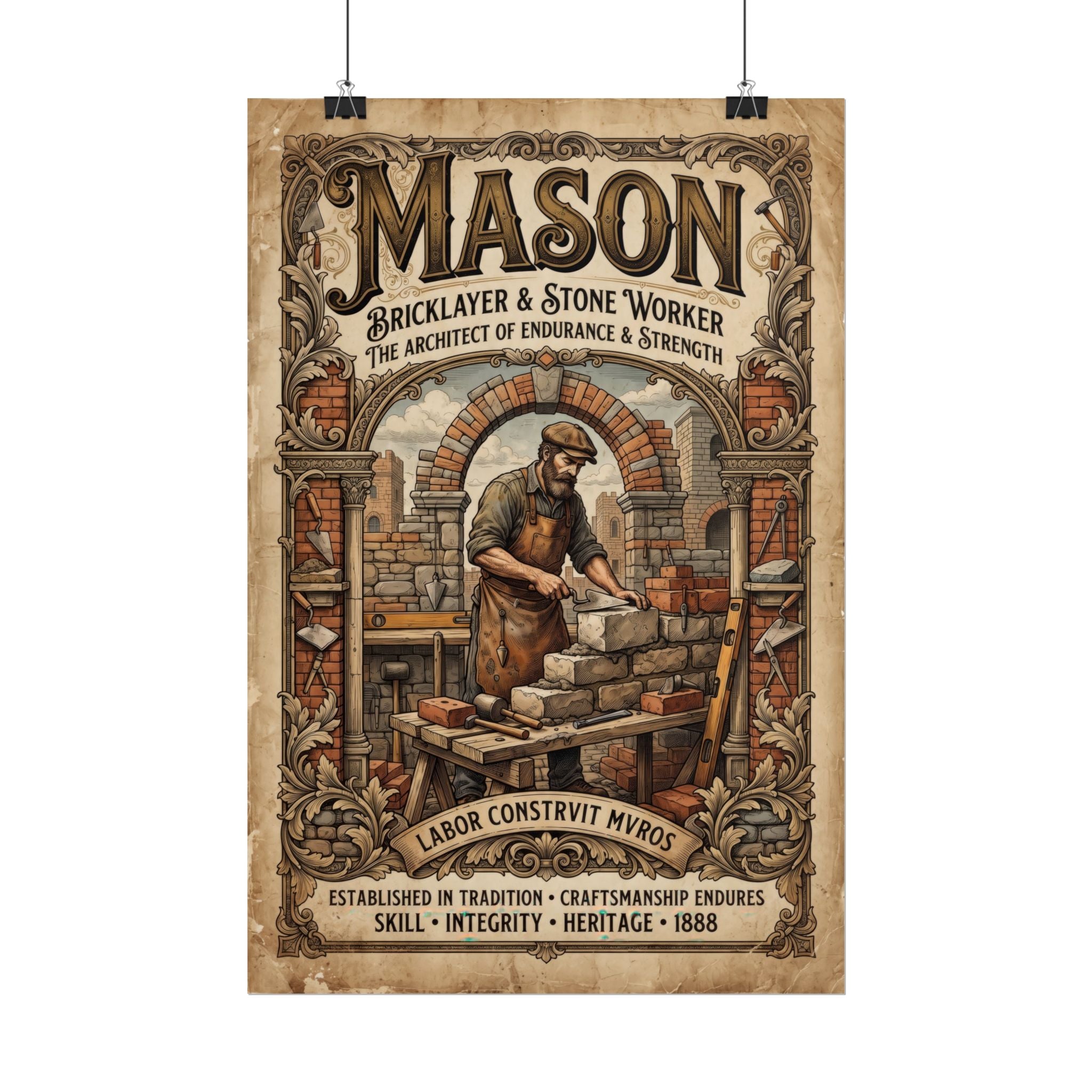Mason Bricklayer Rolled Poster — Vintage Stoneworker Print - DCA0373