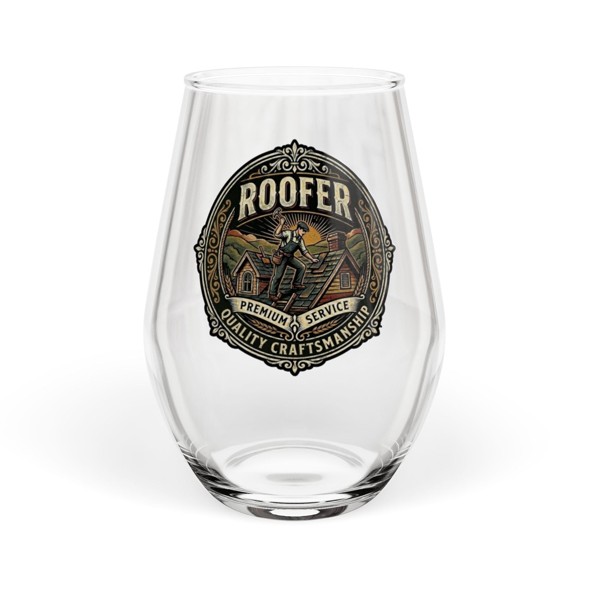 Roofer Stemless Wine Glass — Vintage Roofer Logo 11.75 oz - DCA0348