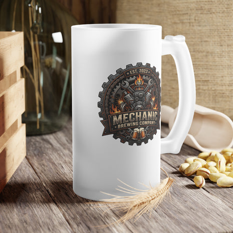 Mechanic Trade Frosted Beer Mug — Rustic Gear & Flame Logo 16oz - DCA0514