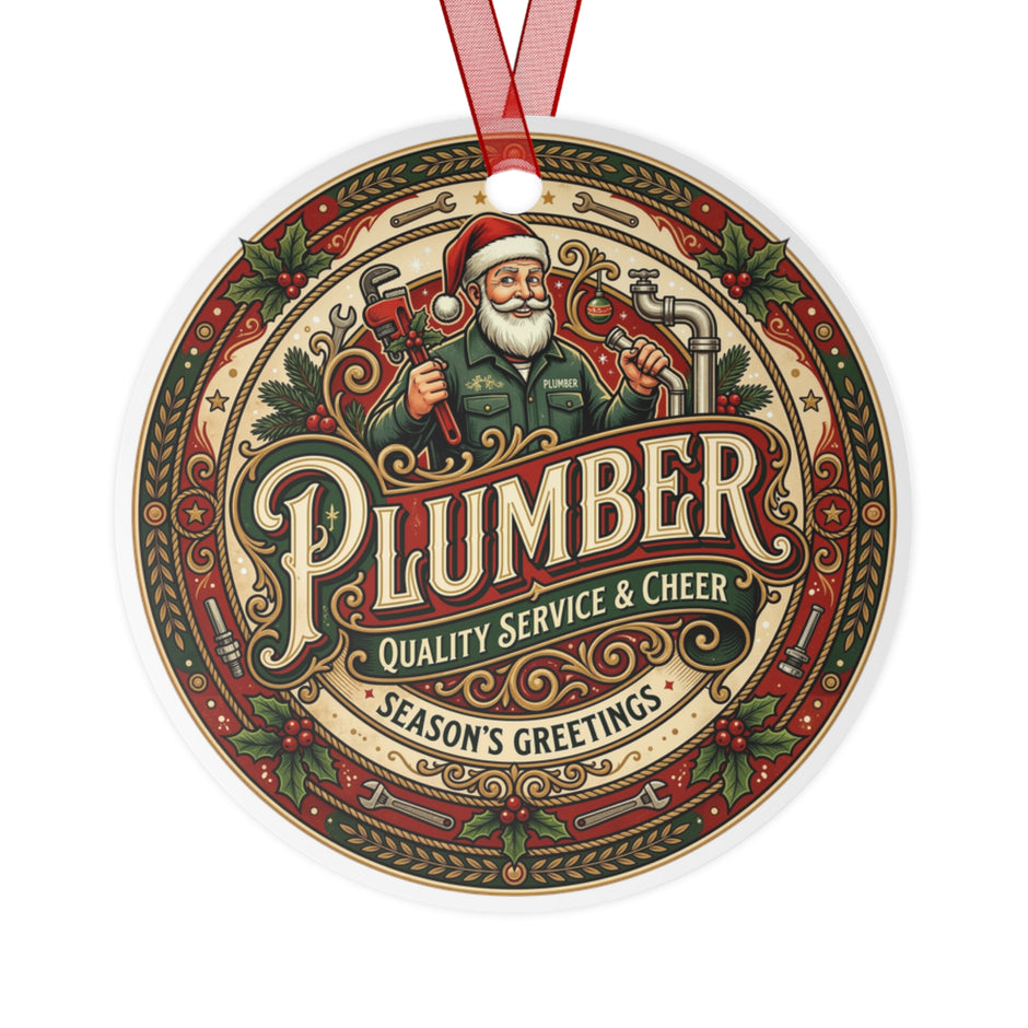 Plumber Christmas Ornament — 'Plumber: Quality Service & Cheer' Holiday Metal Decoration - DCA0458