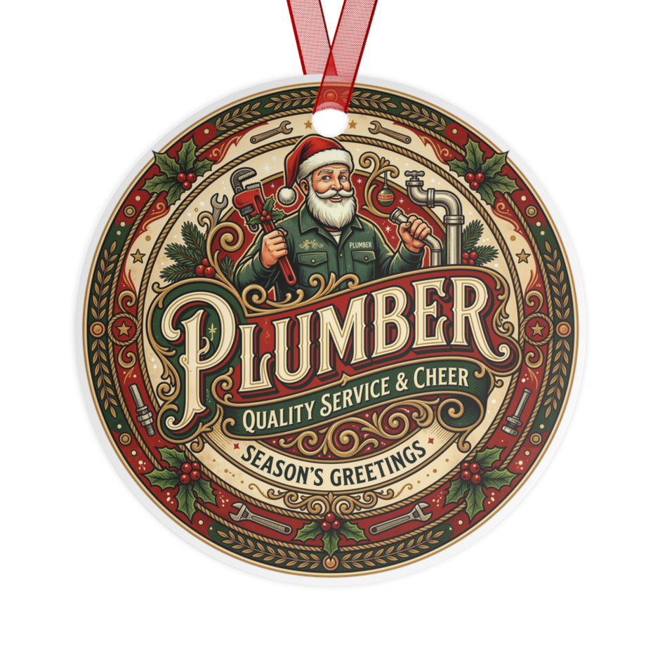 Plumber Christmas Ornament — 'Plumber: Quality Service & Cheer' Holiday Metal Decoration - DCA0458