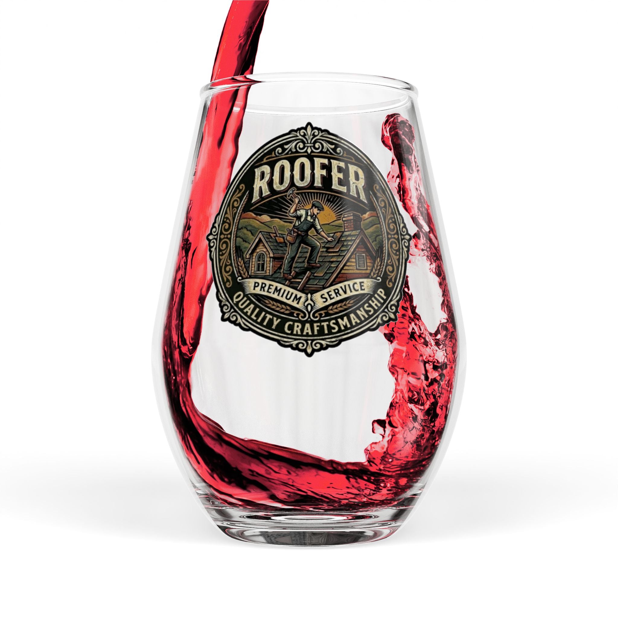 Roofer Stemless Wine Glass — Vintage Roofer Logo 11.75 oz - DCA0348