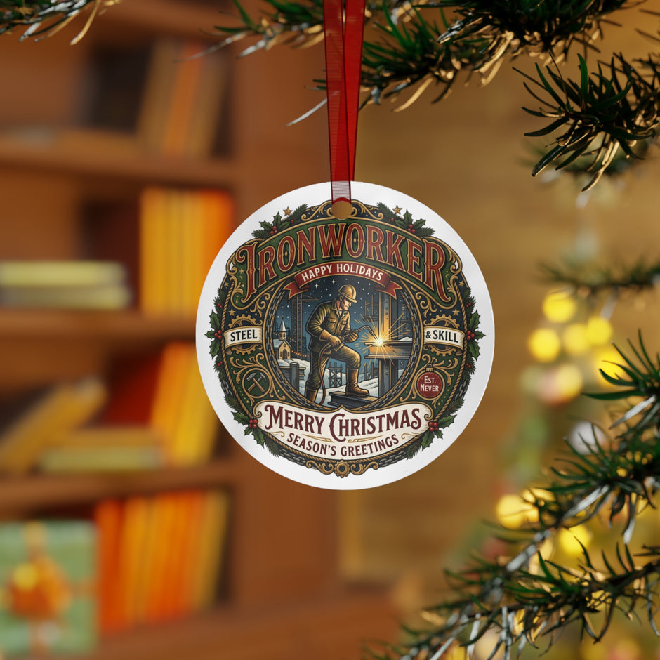 Ironworker Christmas Metal Ornament — "Merry Christmas" Holiday Steelworker Keepsake - DCA0448
