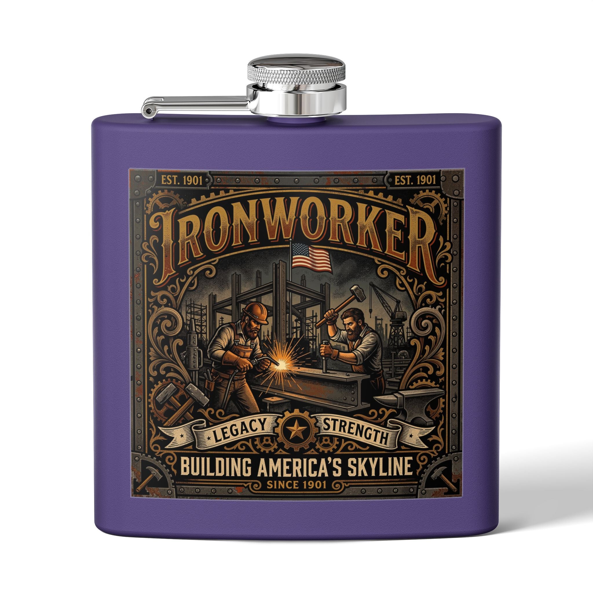 Ironworker Flask — 'Ironworker: Building America's Skyline' Stainless Steel 6oz Hip Flask - DCA0424