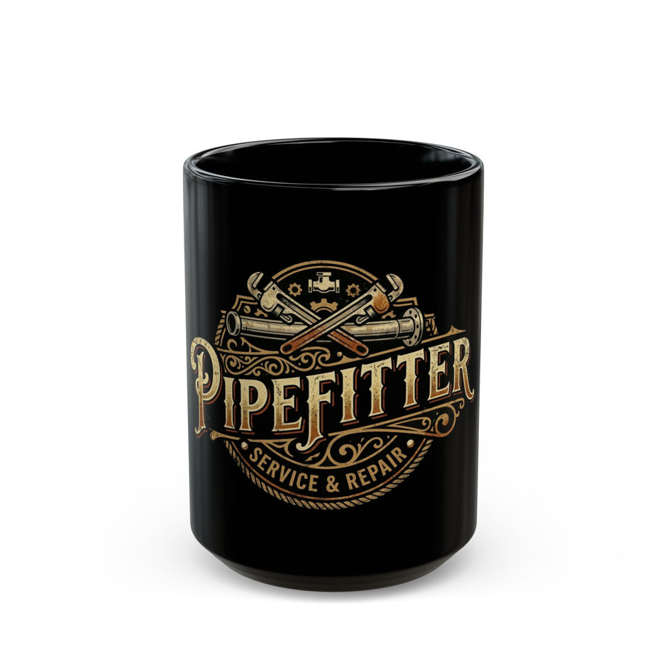 Pipefitter Service & Repair Black Coffee Mug — Vintage Tools Design (11oz/15oz)