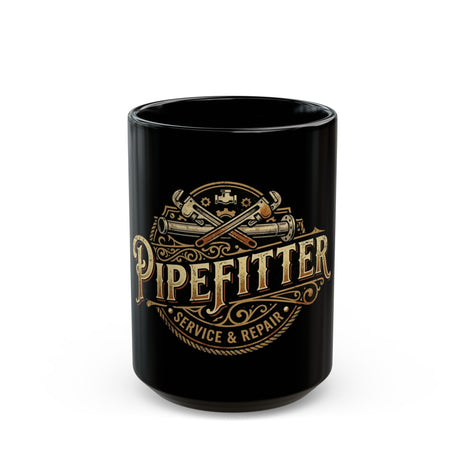 Pipefitter Service & Repair Black Coffee Mug — Vintage Tools Design (11oz/15oz)