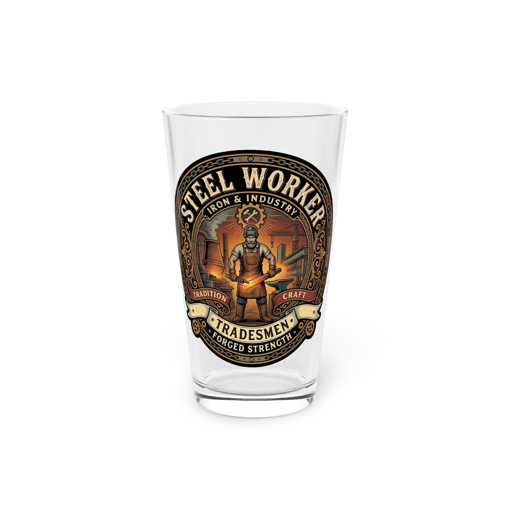 Steel Worker Pint Glass — Vintage Tradesman 16oz Beer Glass - DCA0191