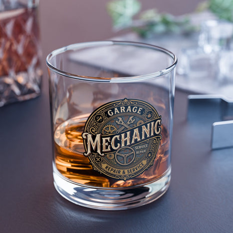 Mechanic Garage Logo 10oz Rocks Glass – Vintage Repair & Service Whiskey Tumbler - DCA0203