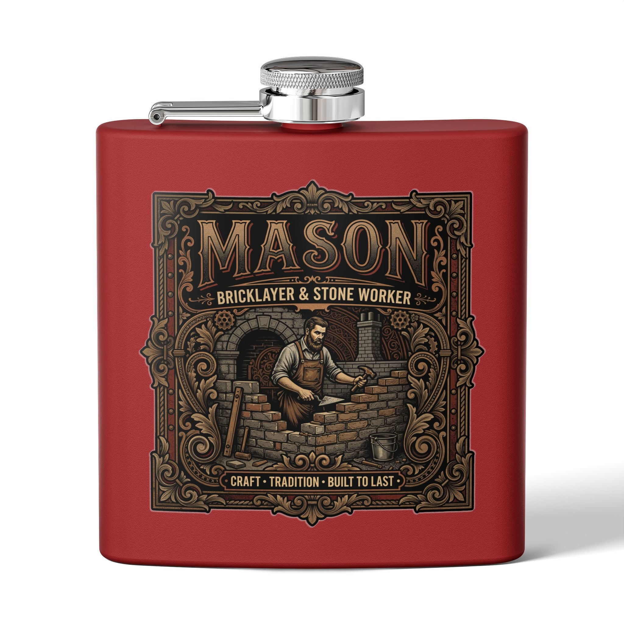 Mason Bricklayer 6oz Stainless Steel Flask – Vintage Stoneworker Design - DCA0427