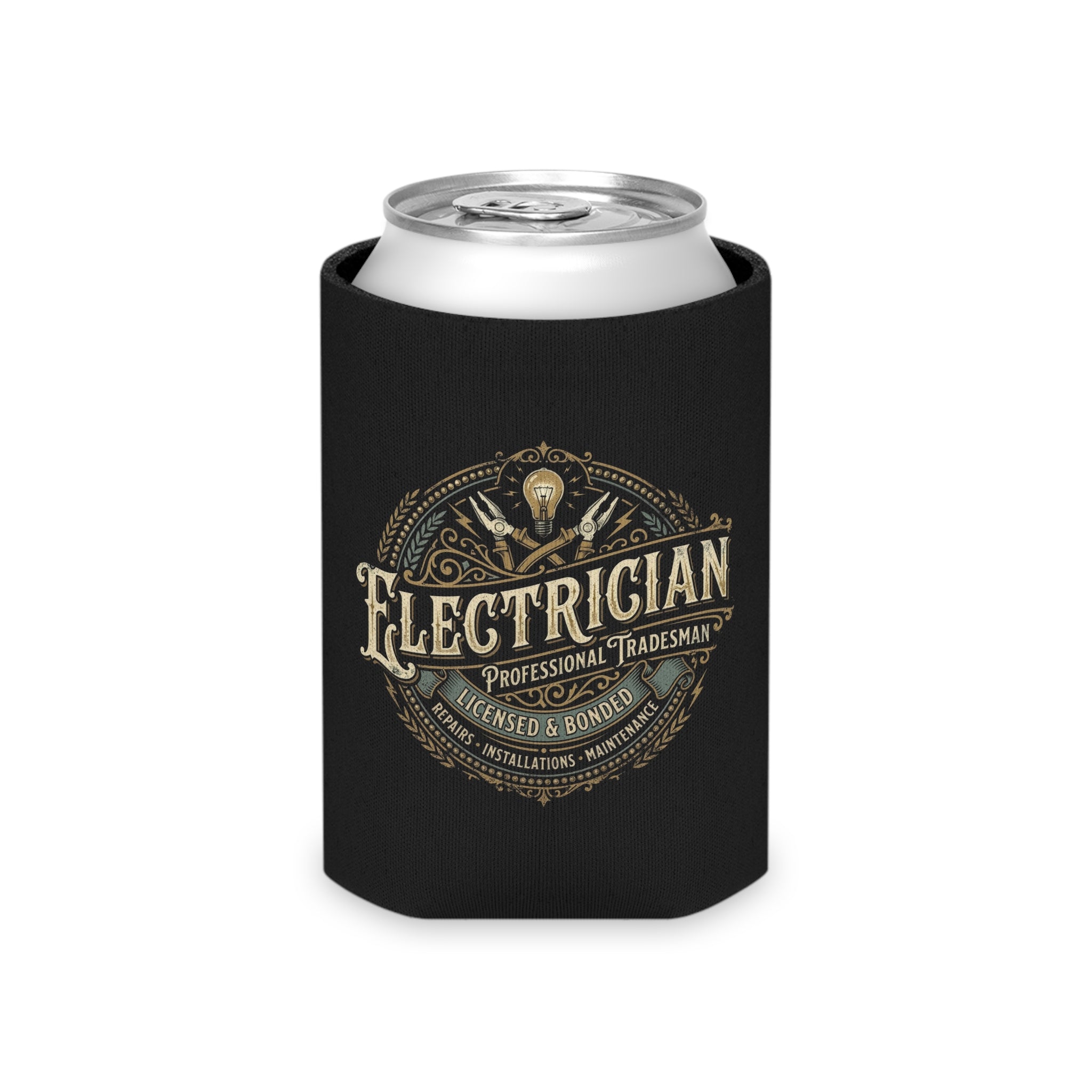 Electrician Can Cooler – Vintage Tradesman Logo Beverage Koozie - DCA0287