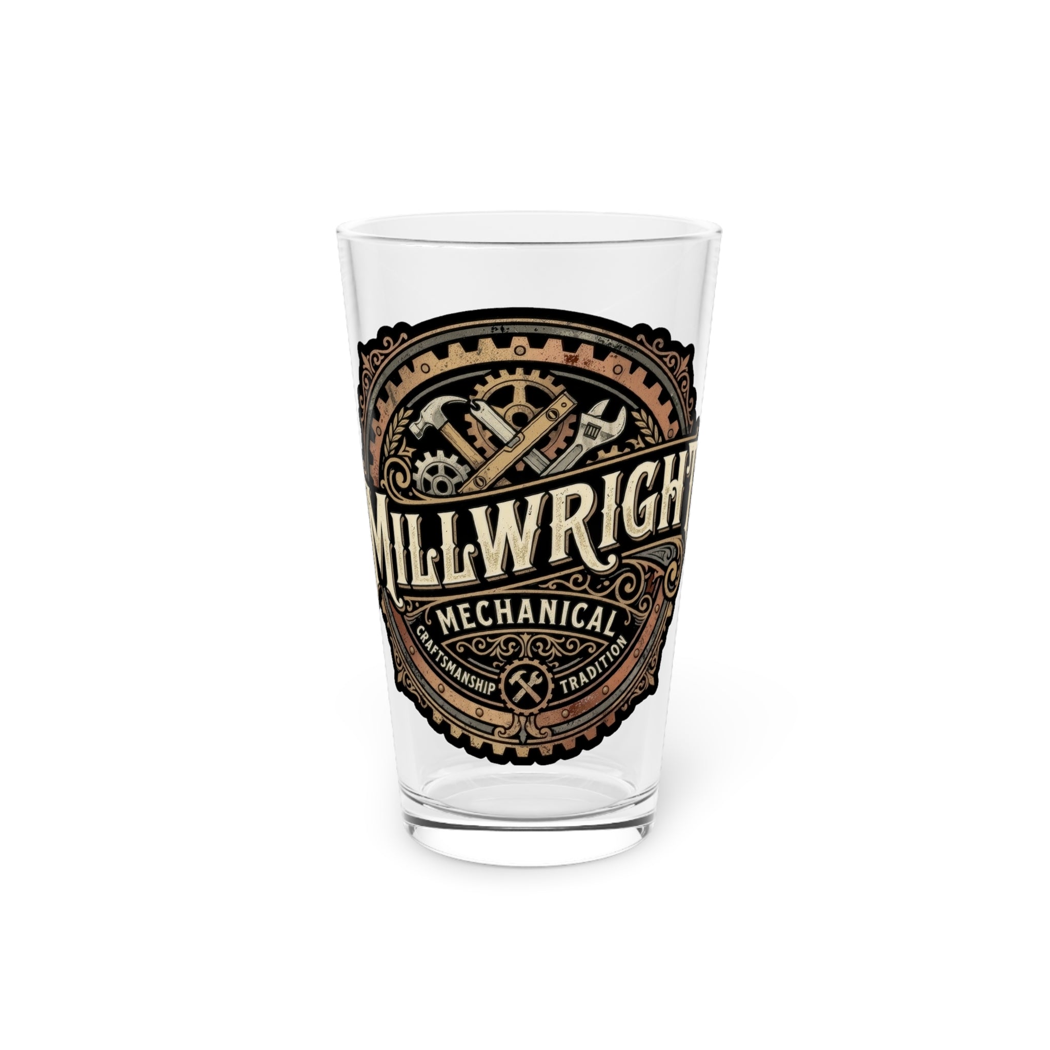 Millwright Mechanical Vintage Logo Pint Glass — 16oz Industrial Engineer Gift - DCA0187