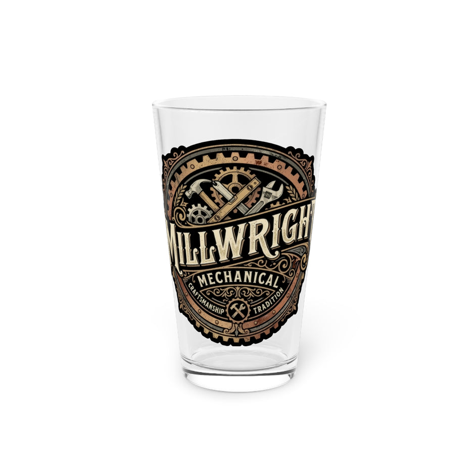 Millwright Mechanical Vintage Logo Pint Glass — 16oz Industrial Engineer Gift - DCA0187