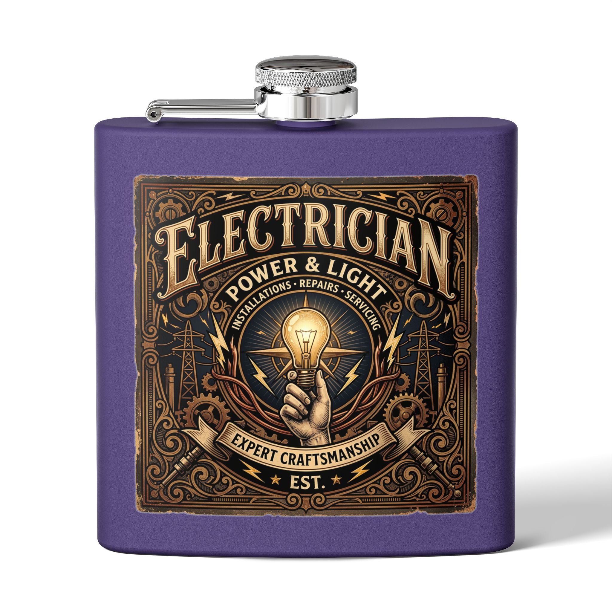 Electrician Licensed & Bonded Flask – 6oz Stainless Steel Hip Flask (Power • Lighting • Repairs) - DCA0421