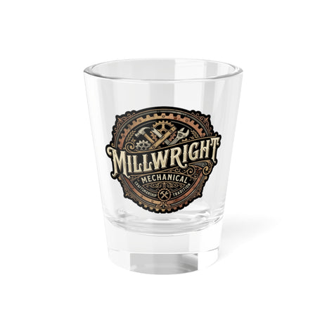 Millwright Mechanical Logo Shot Glass — 1.5oz Vintage Industrial Barware - DCA0188