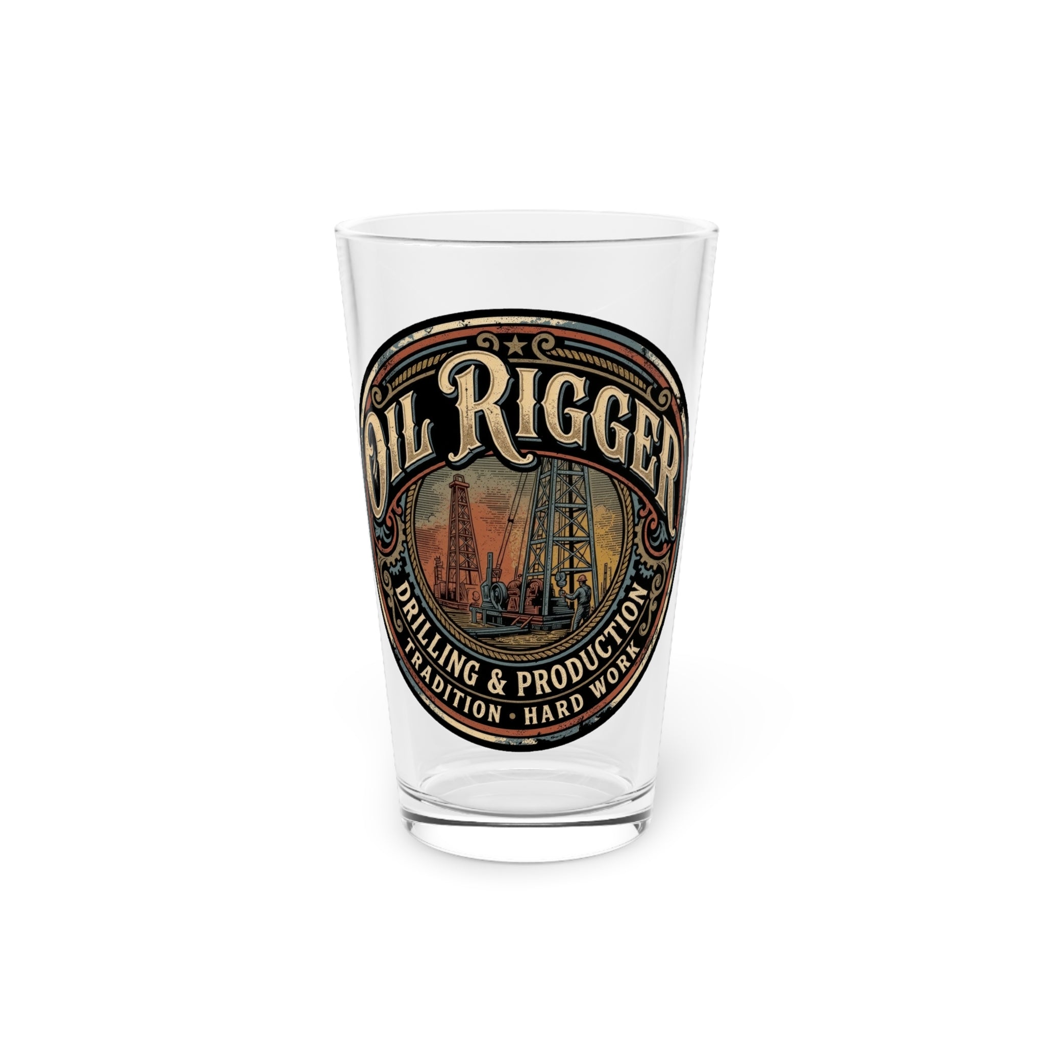 Oil Rigger Pint Glass – Vintage Drilling & Production Logo 16oz - DCA0166