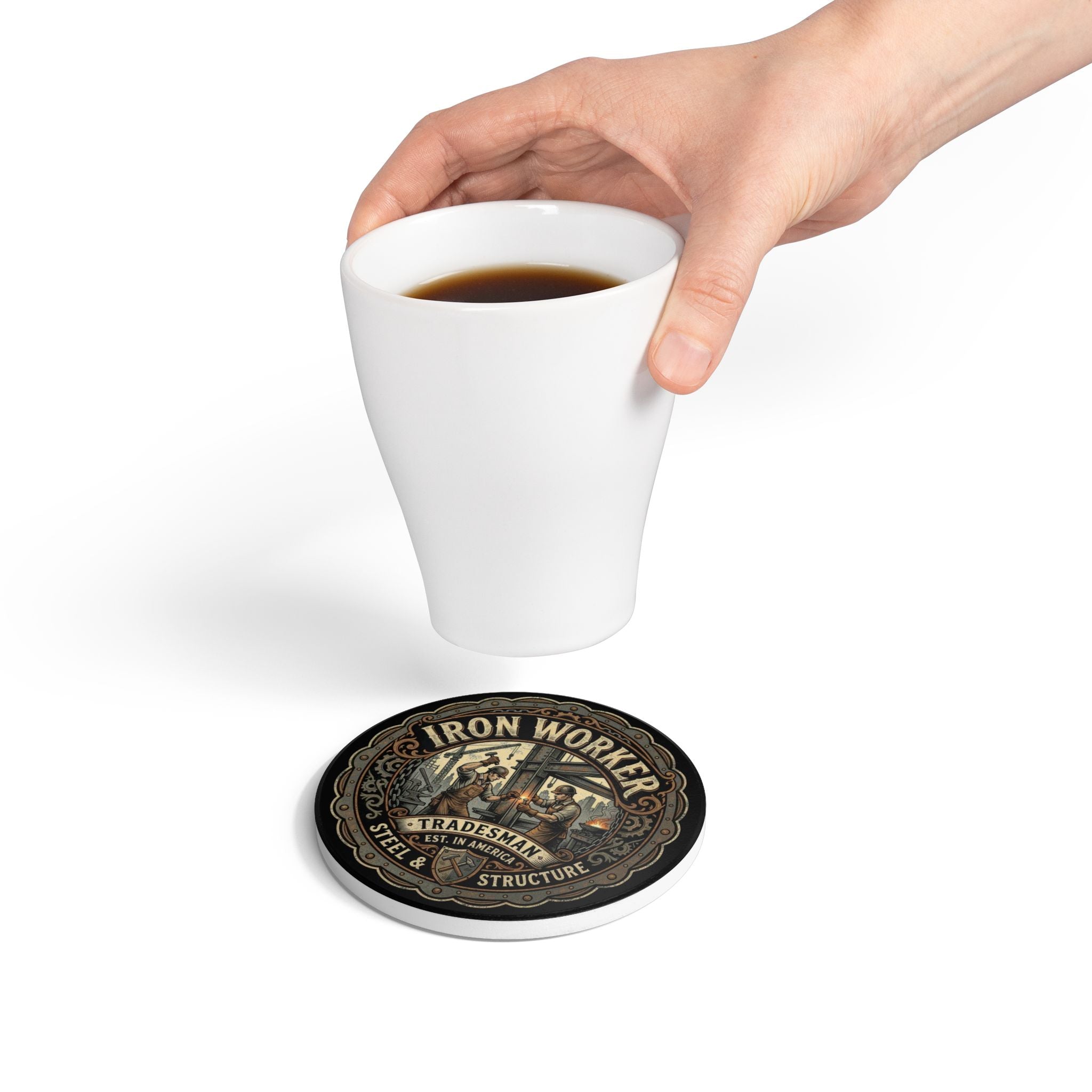 Iron Worker Tradesman Ceramic Coaster — Steel & Structure Vintage Industrial Drink Coaster - DCA0260
