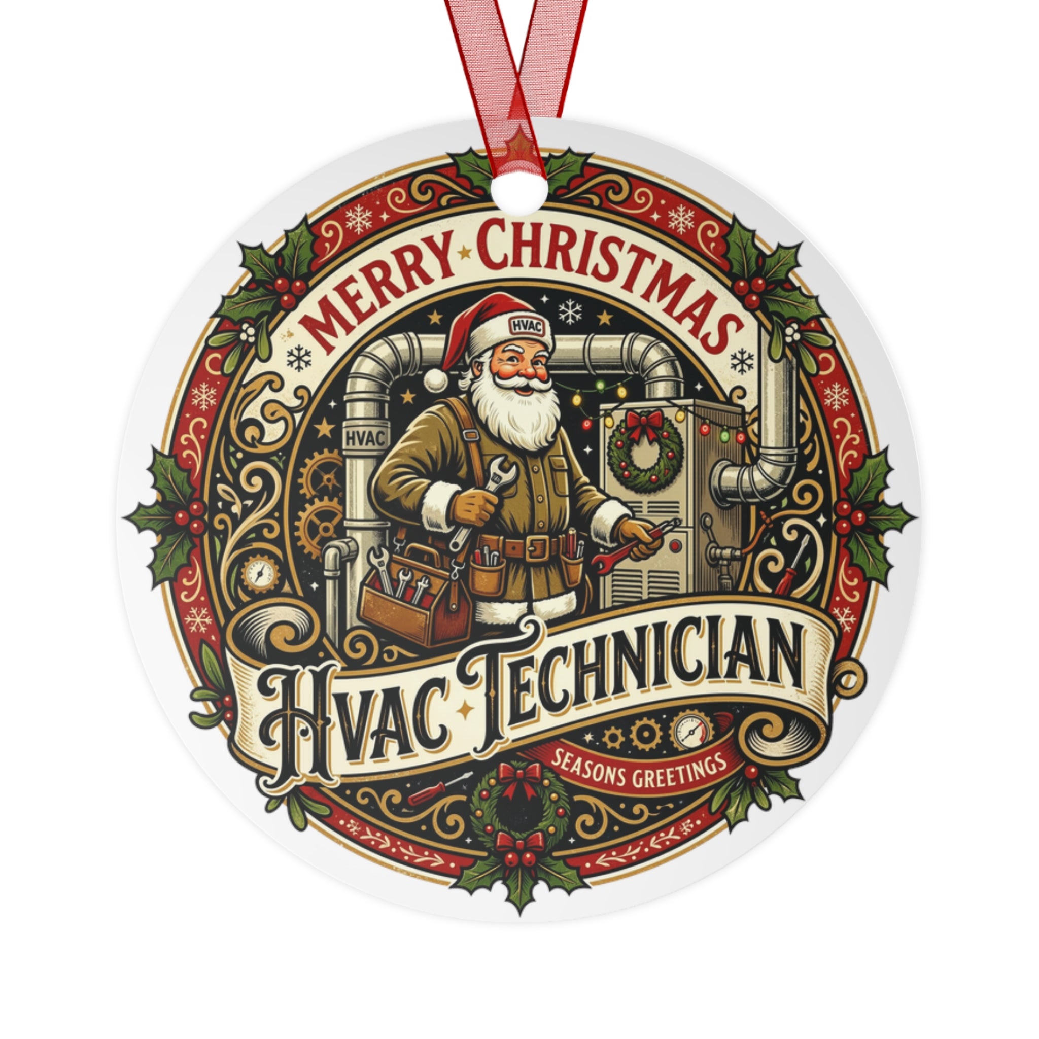 HVAC Technician Christmas Metal Ornament — Merry Christmas Santa HVAC Holiday Decoration - DCA0447