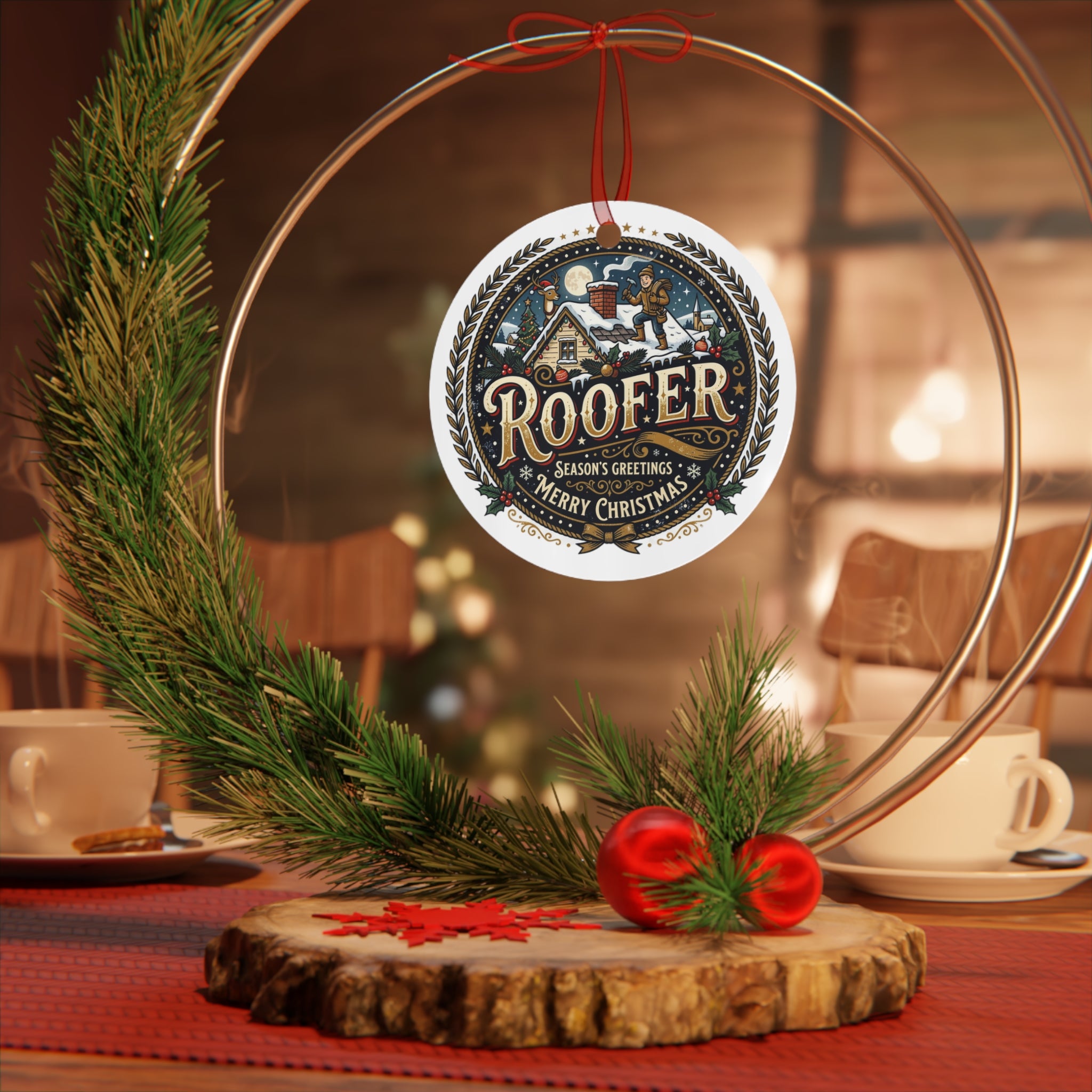 Roofer Merry Christmas Metal Ornament — Season’s Greetings Holiday Roofer Keepsake - DCA0459