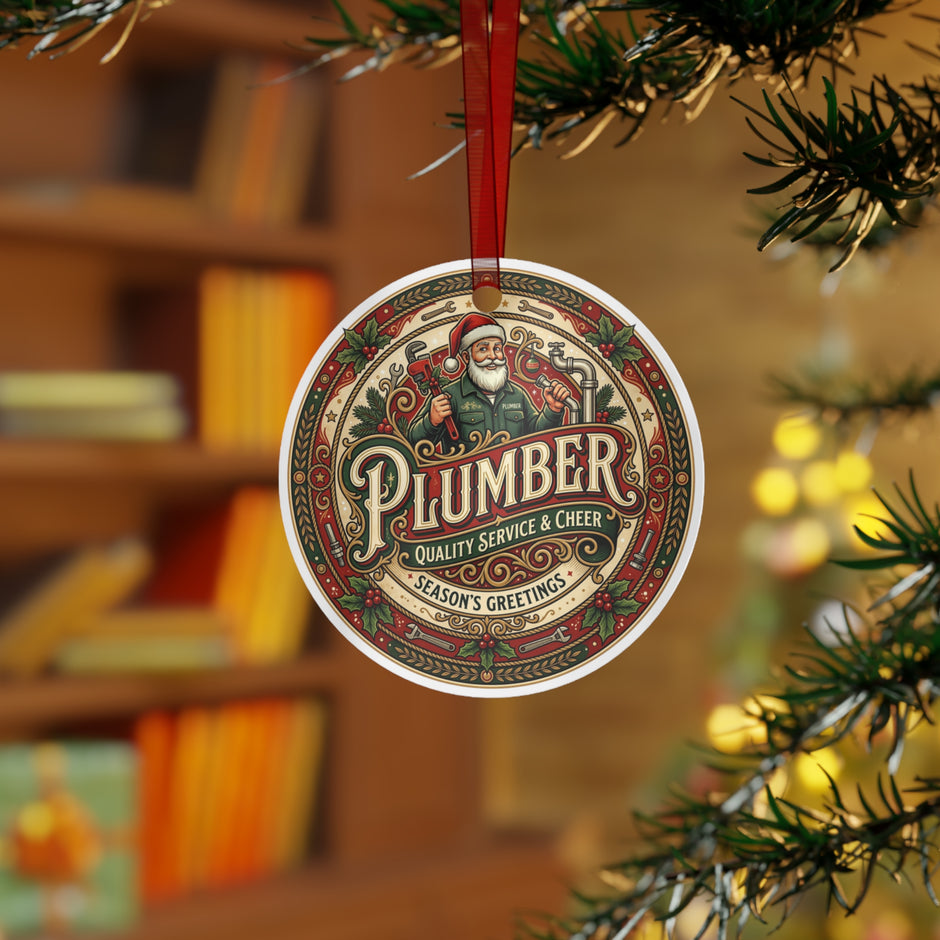Plumber Christmas Ornament — 'Plumber: Quality Service & Cheer' Holiday Metal Decoration - DCA0458