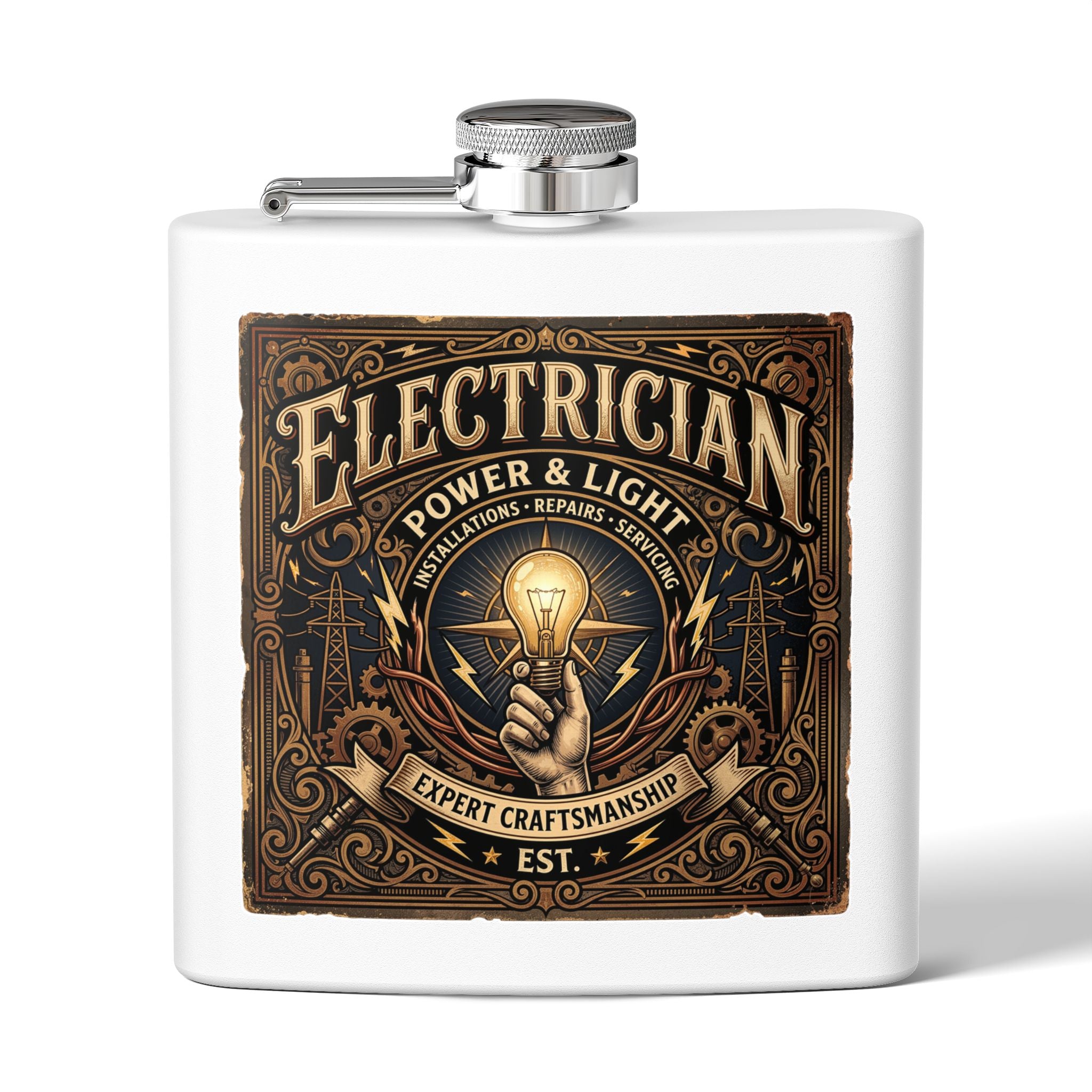 Electrician Licensed & Bonded Flask – 6oz Stainless Steel Hip Flask (Power • Lighting • Repairs) - DCA0421