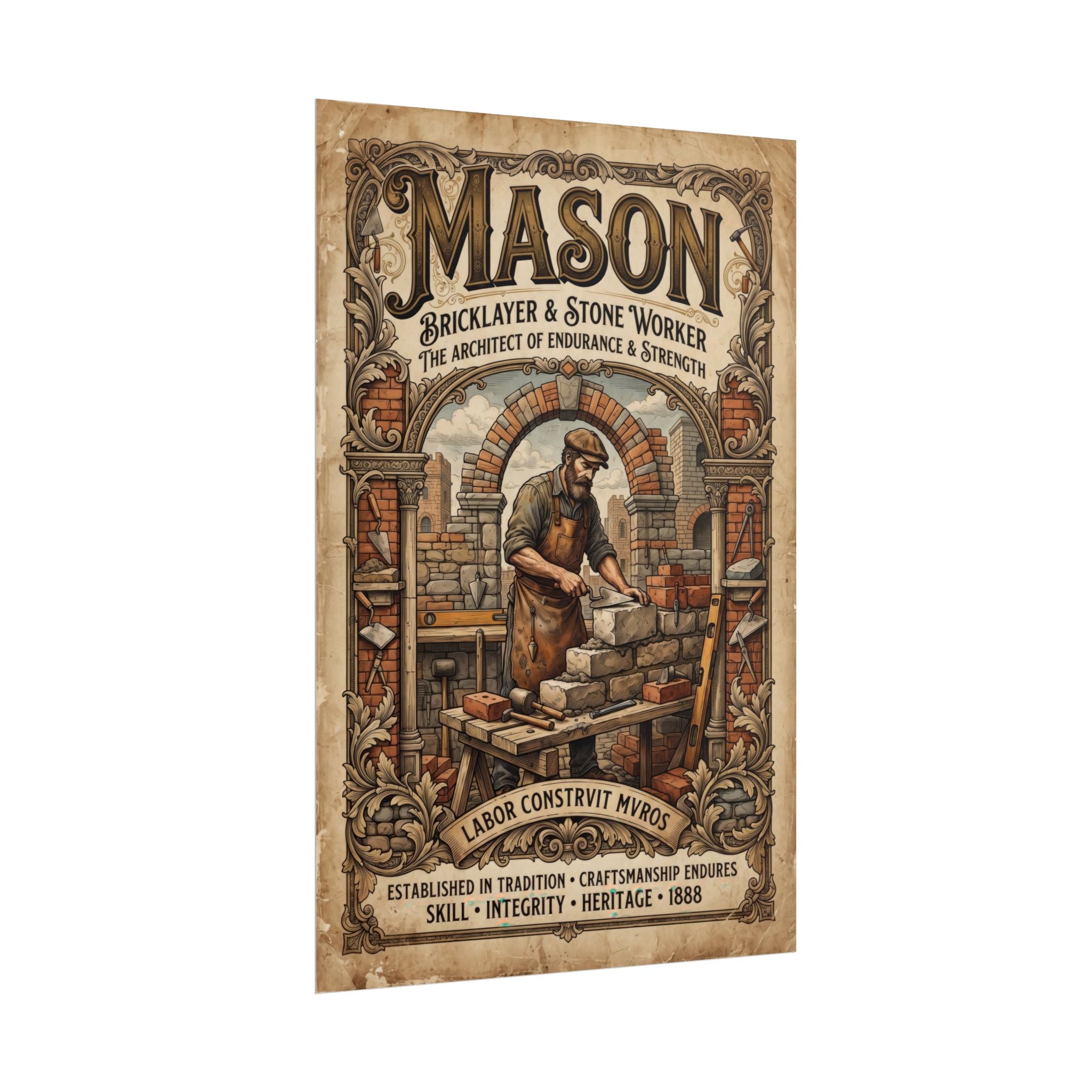 Mason Bricklayer Rolled Poster — Vintage Stoneworker Print - DCA0373
