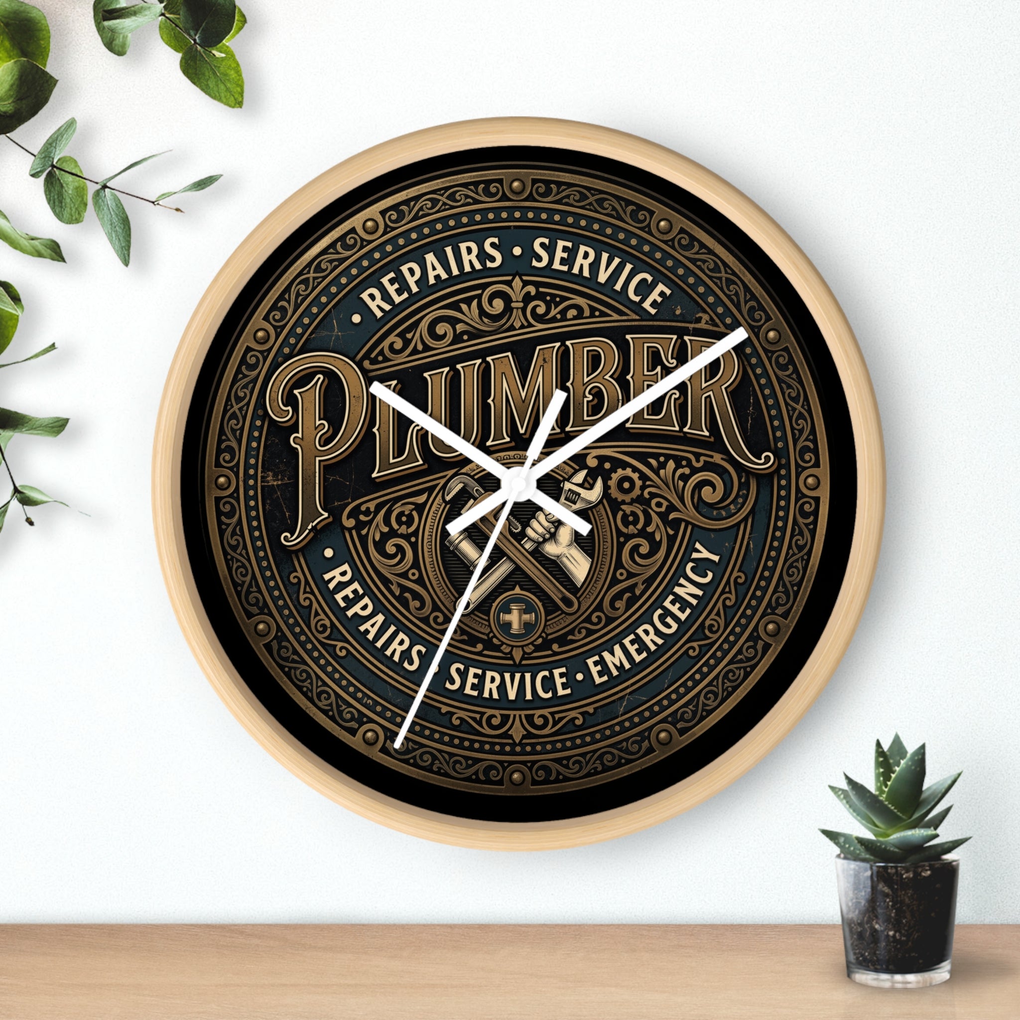 Plumber Vintage Emblem Wall Clock — Repairs • Service • Emergency - DCA0398