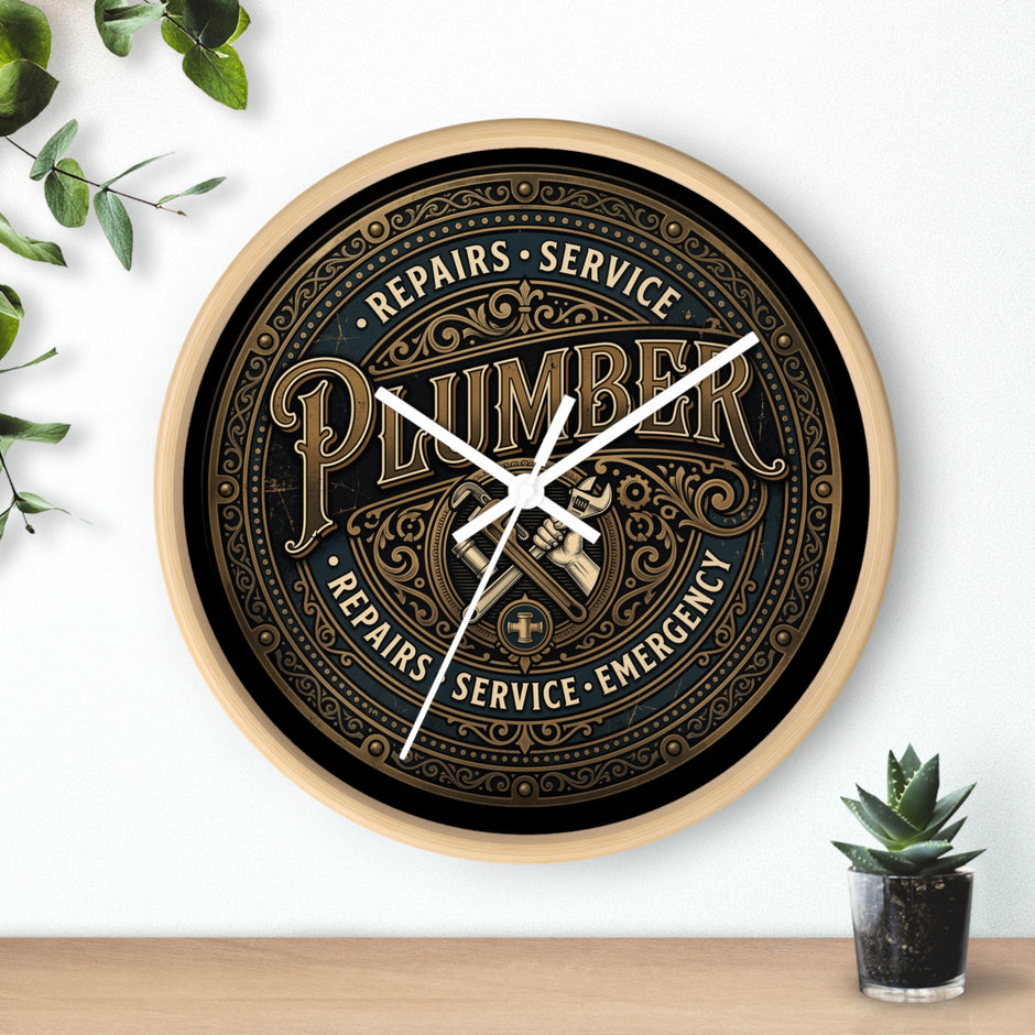 Plumber Vintage Emblem Wall Clock — Repairs • Service • Emergency - DCA0398