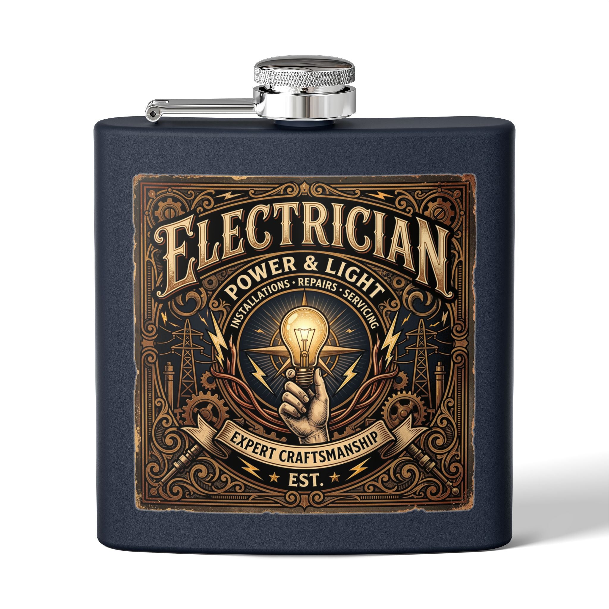 Electrician Licensed & Bonded Flask – 6oz Stainless Steel Hip Flask (Power • Lighting • Repairs) - DCA0421