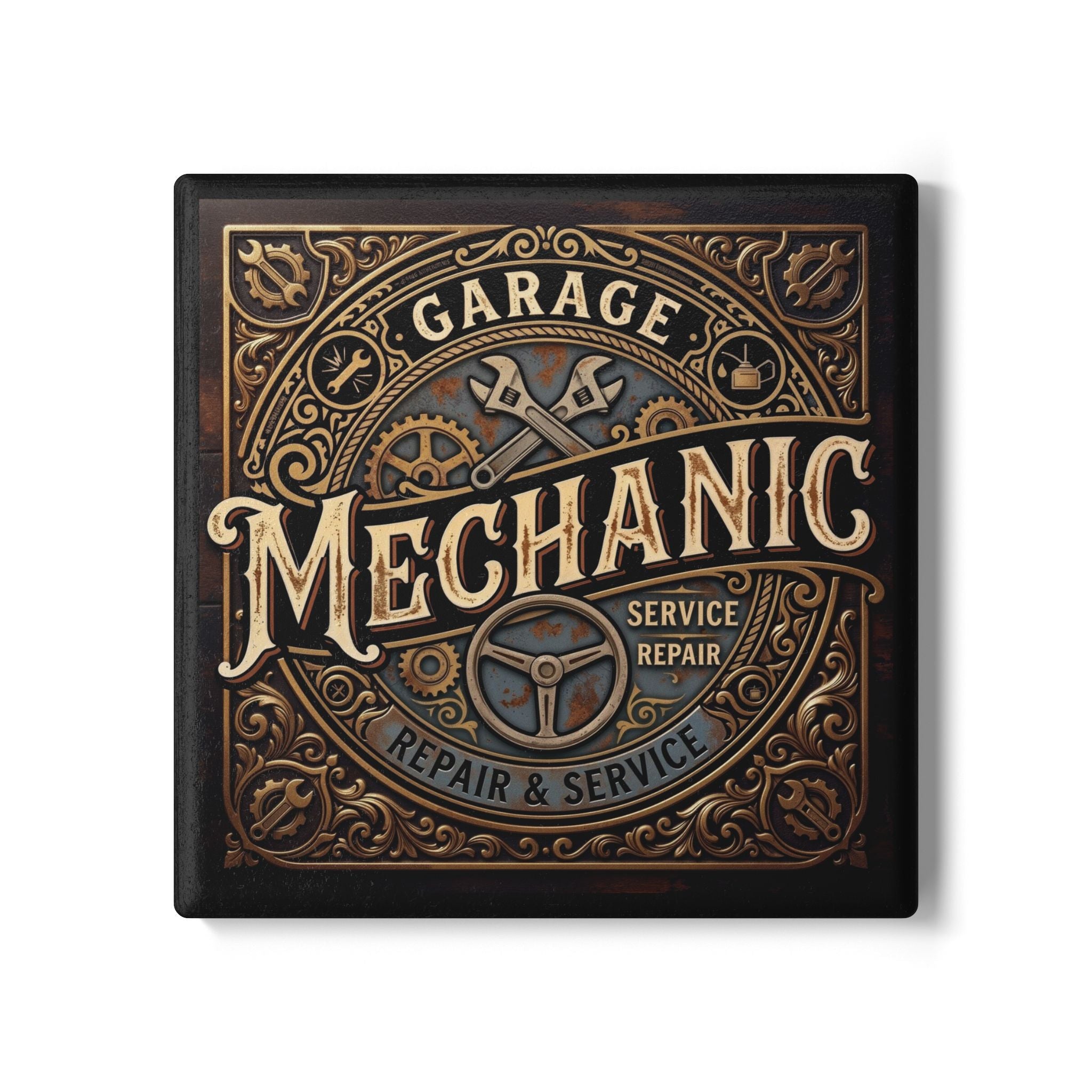 Garage Mechanic Ceramic Coaster — Vintage Repair & Service Design - DCA0234