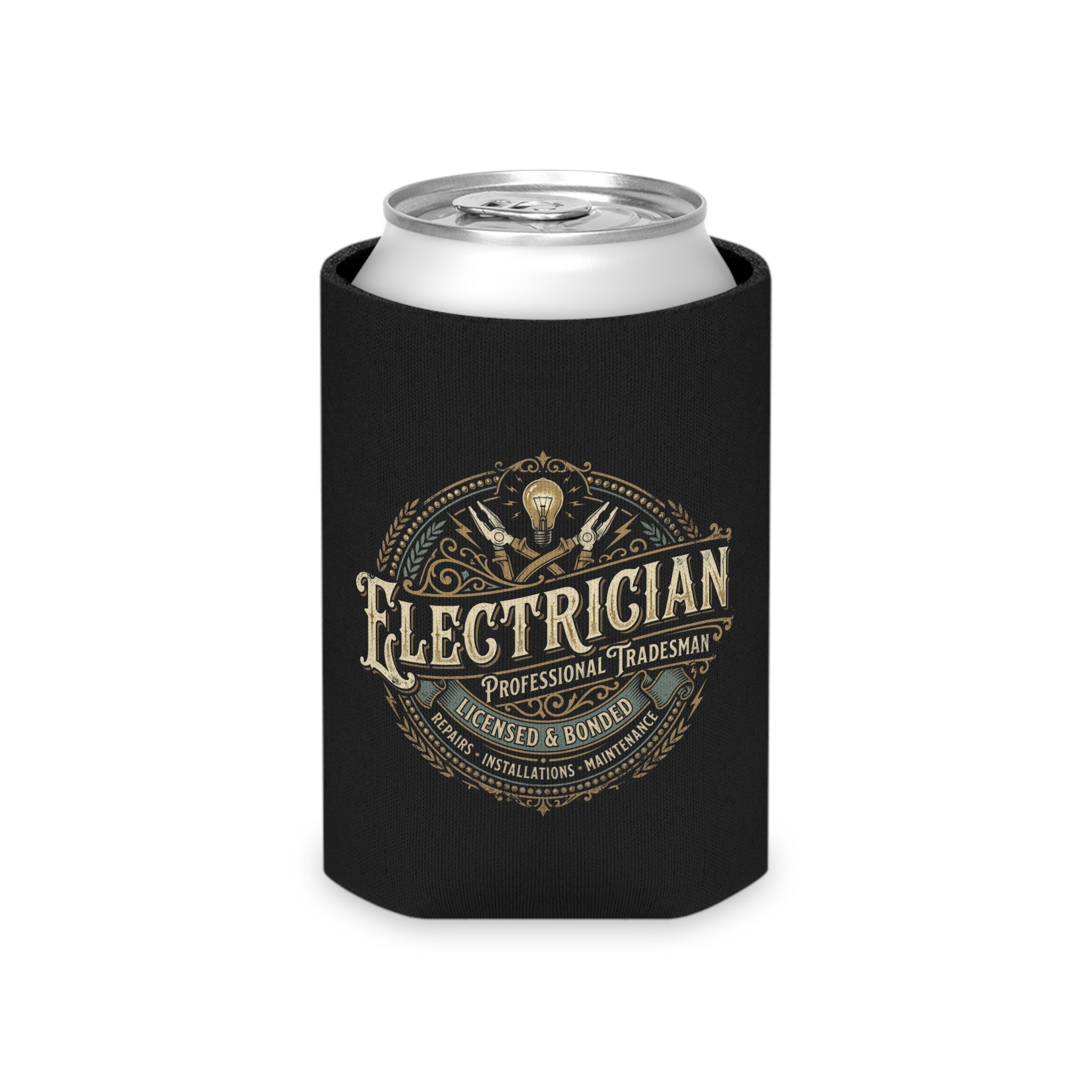 Electrician Can Cooler – Vintage Tradesman Logo Beverage Koozie - DCA0287