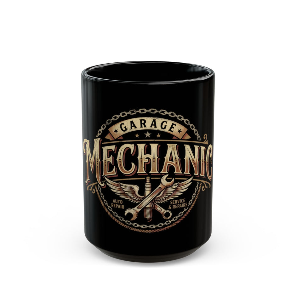 Mechanic Garage Coffee Mug — Vintage Wrench Logo Black Ceramic Mug (11oz, 15oz) - DCA0279
