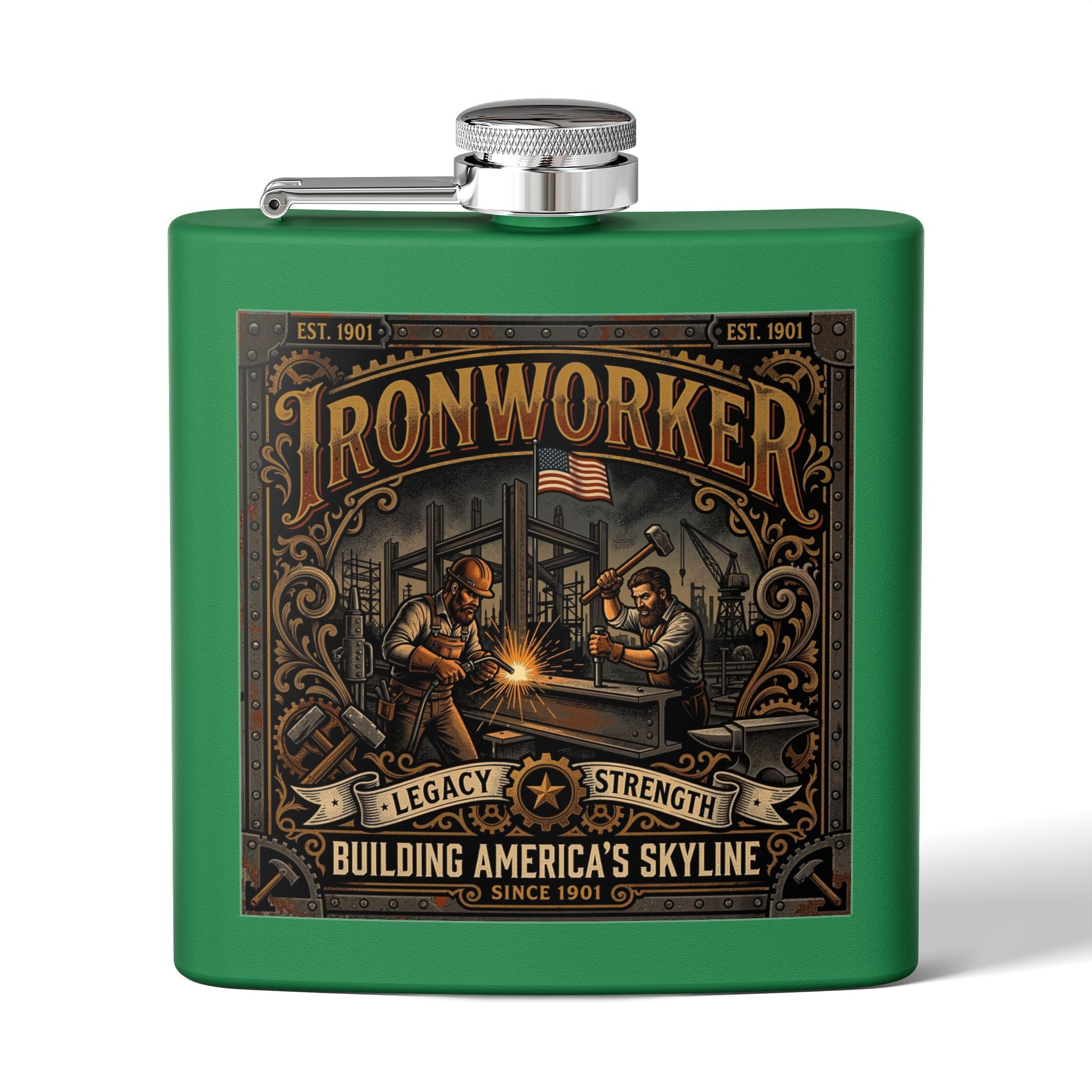 Ironworker Flask — 'Ironworker: Building America's Skyline' Stainless Steel 6oz Hip Flask - DCA0424