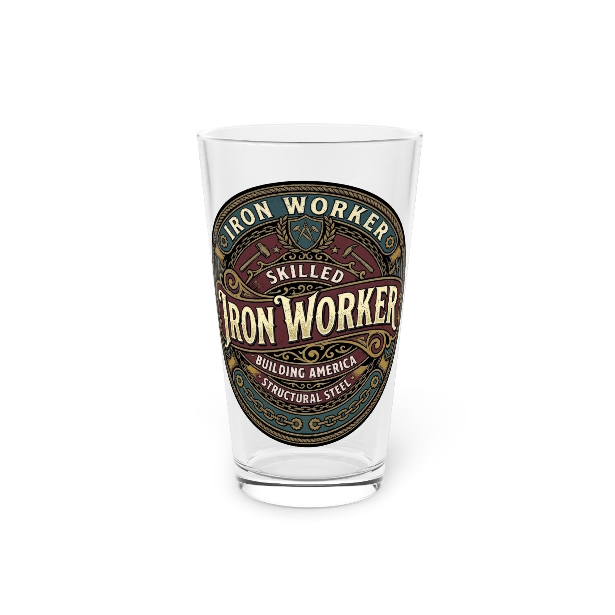 Iron Worker Pint Glass — Skilled Iron Worker Vintage Logo 16oz - DCA0257