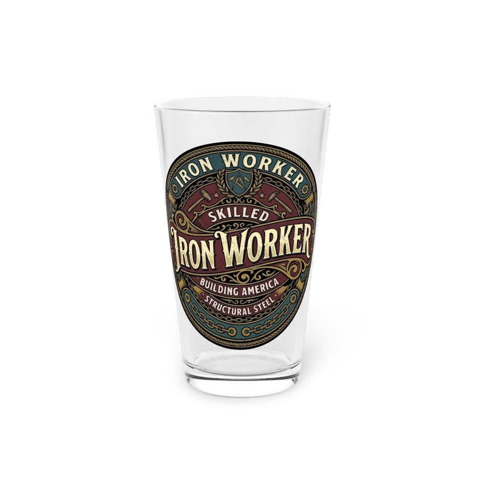 Iron Worker Pint Glass — Skilled Iron Worker Vintage Logo 16oz - DCA0257