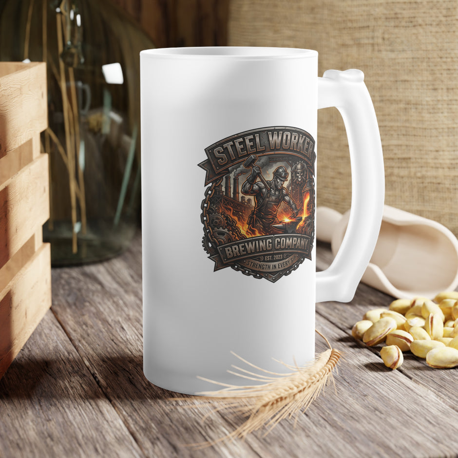 Steel Worker Frosted Glass Beer Mug – 16 oz Trade Gift - DCA0522