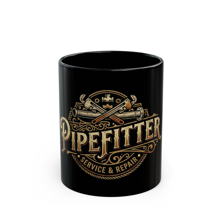 Pipefitter Service & Repair Black Coffee Mug — Vintage Tools Design (11oz/15oz)