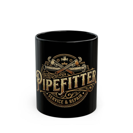 Pipefitter Service & Repair Black Coffee Mug — Vintage Tools Design (11oz/15oz)