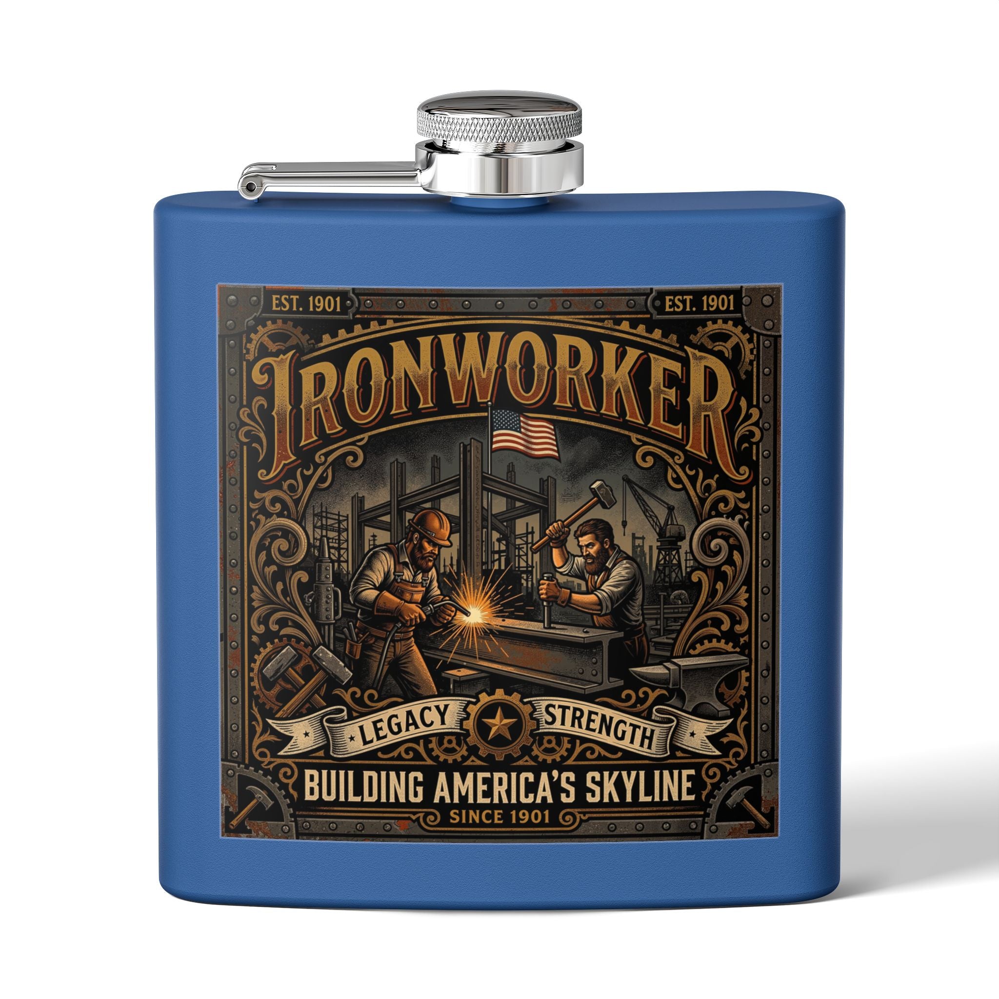 Ironworker Flask — 'Ironworker: Building America's Skyline' Stainless Steel 6oz Hip Flask - DCA0424