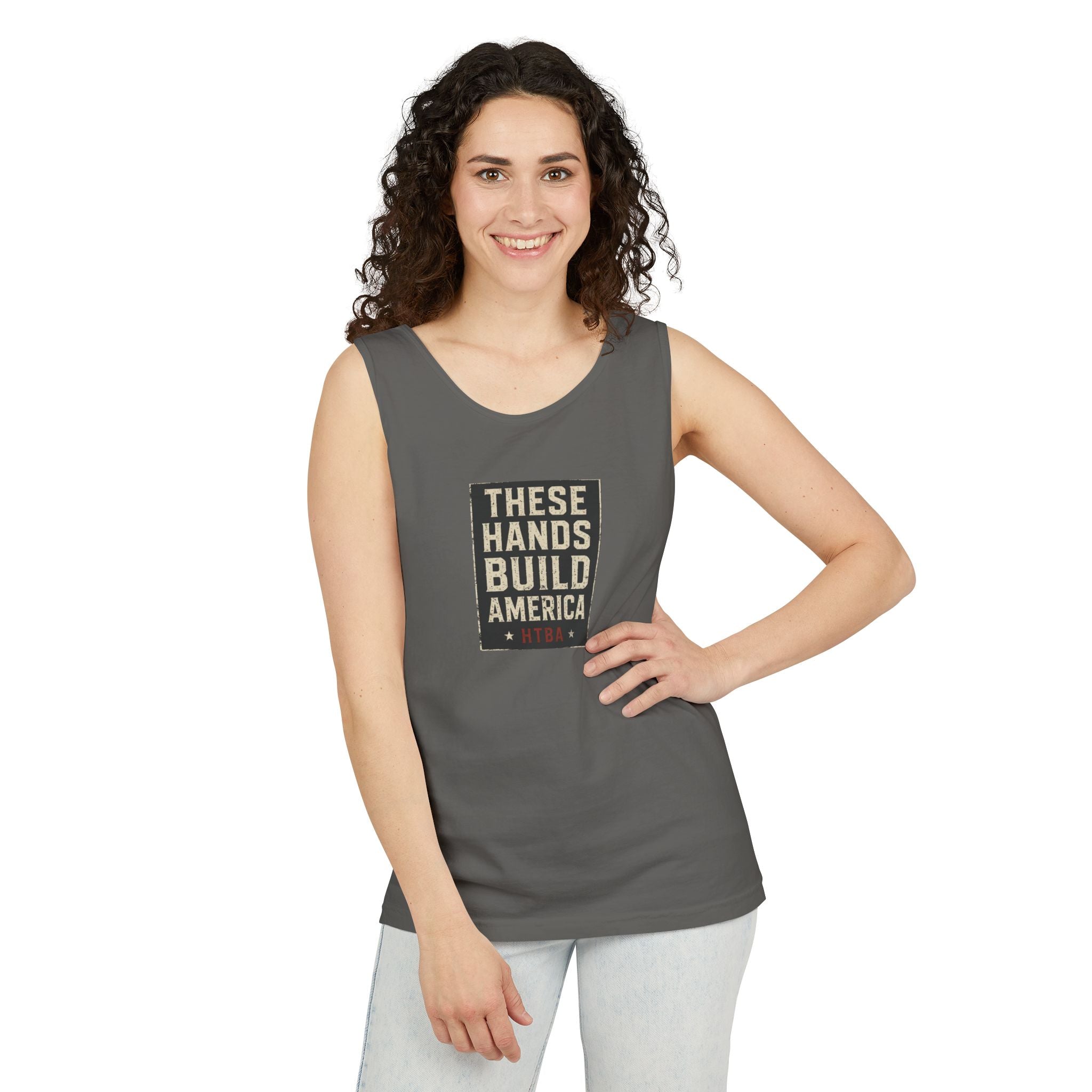 These Hands Build America Unisex Tank Top — Patriotic Construction Worker Muscle Tee