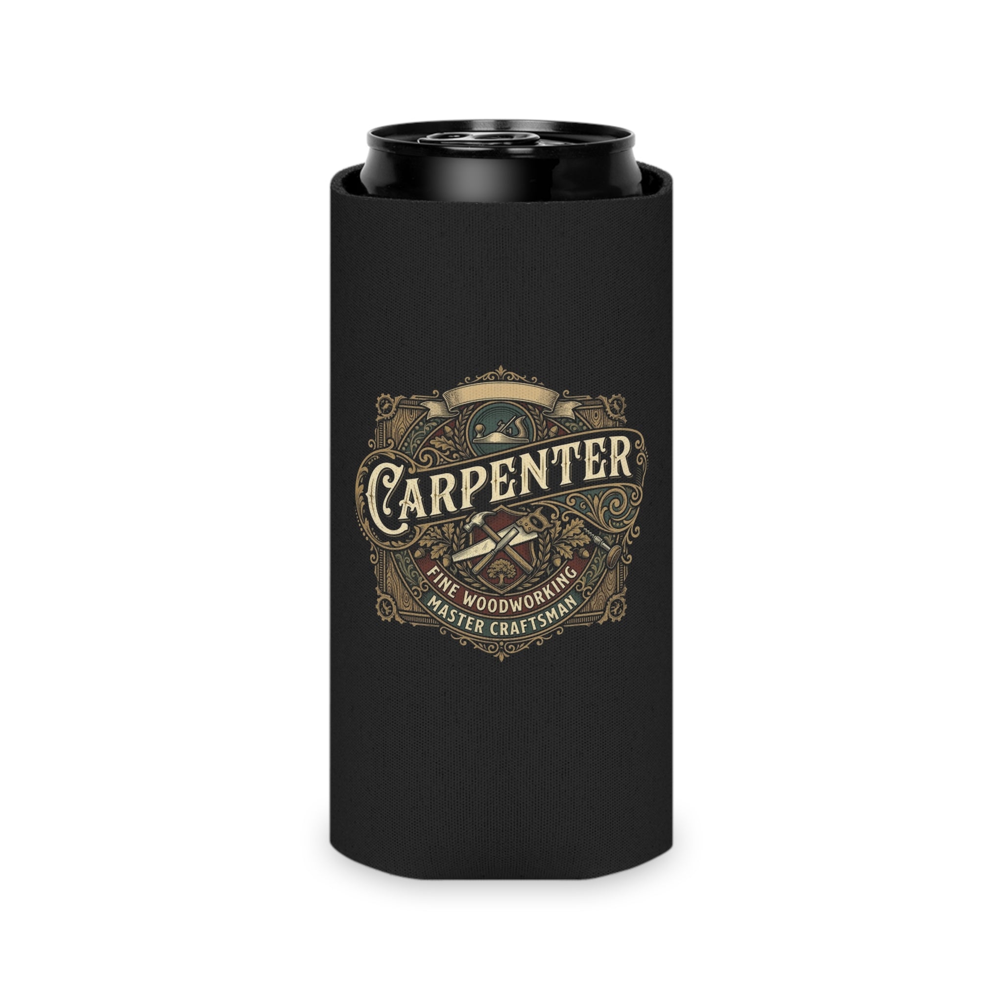 Carpenter Can Cooler — Retro Woodworking Logo Beverage Insulator - DCA0286